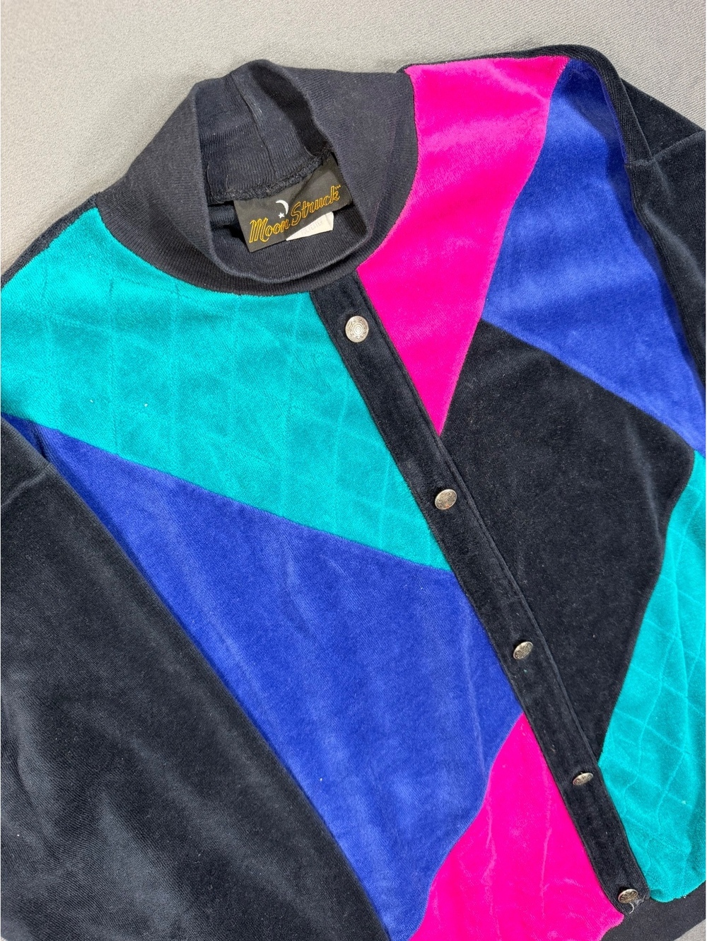 Vintage 90s Moon Struck Velour Longsleeve M Colorblock Quilted Teal Pink Blue